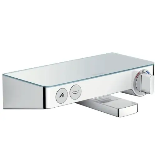 Chrom-farbener Wandthermostat von Hansgrohe mit Bedienknopf und zwei Symbolen für Handbrause und Wanne, rechteckige Form mit glatter Oberfläche.